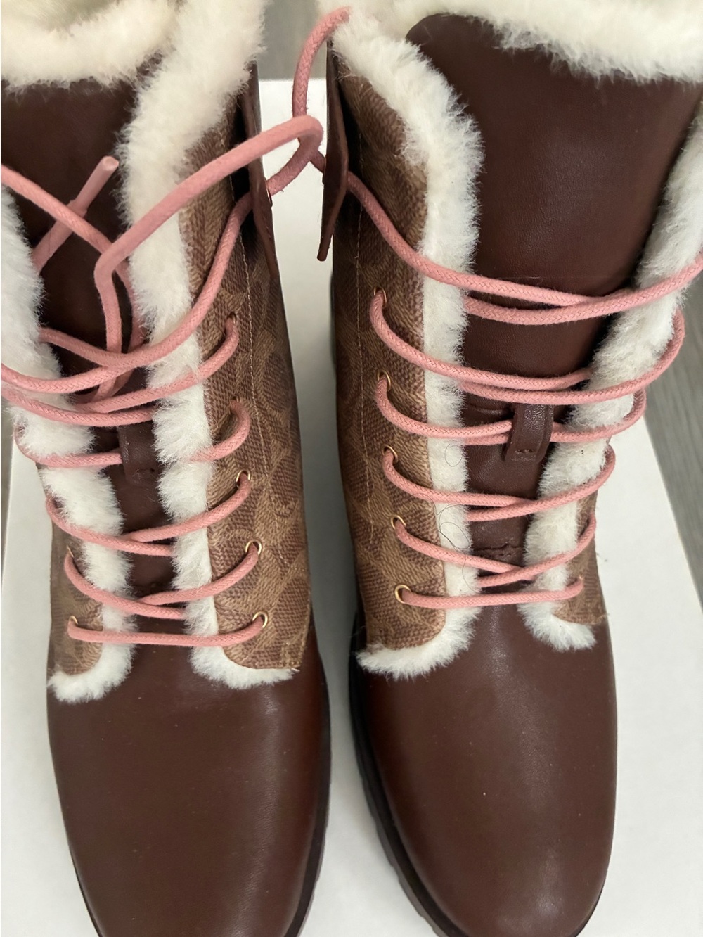 Women's COACH Brown Faux-Fur Trim Lace-Up Winter Boots